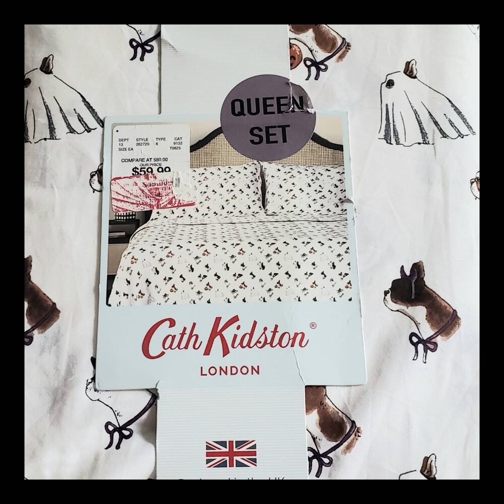 Halloween Queen Size Sheet Set Cath Kidston 4 Pc Spooky Dogs French Bulldog NEW